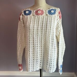 Vintage crochet open weave sweater with pink and blue granny square accents